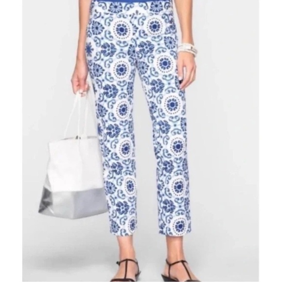 Talbots Pants - Talbots Blue White Porcelain Tile Print Cropped Ankle Pants Stretch Slim Fit